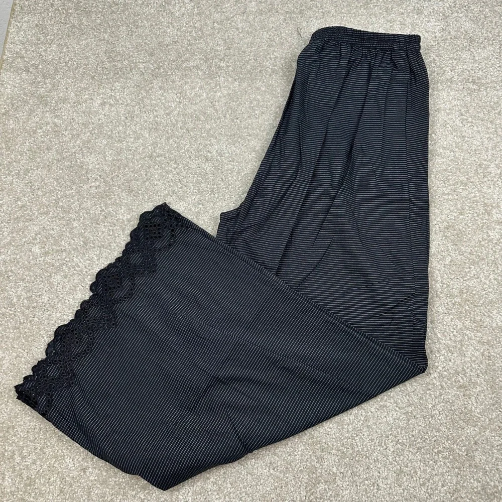 Khaadi Black Striped Wide Leg Pants Eyelet Lace Hem Cotton Blend Trousers